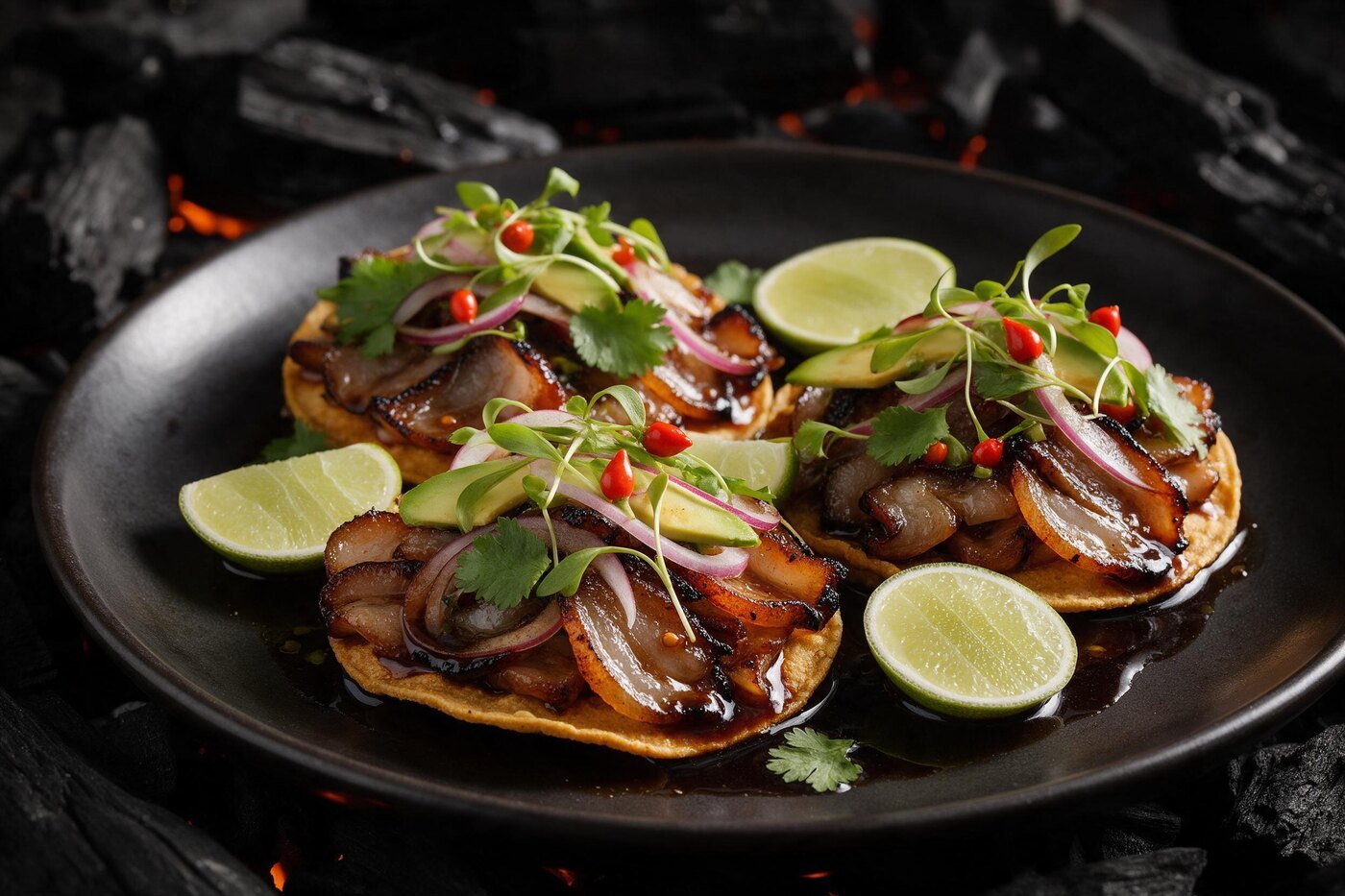 Aguachile negro de papada de cerdo al carbón con brotes frescos y chiltepín