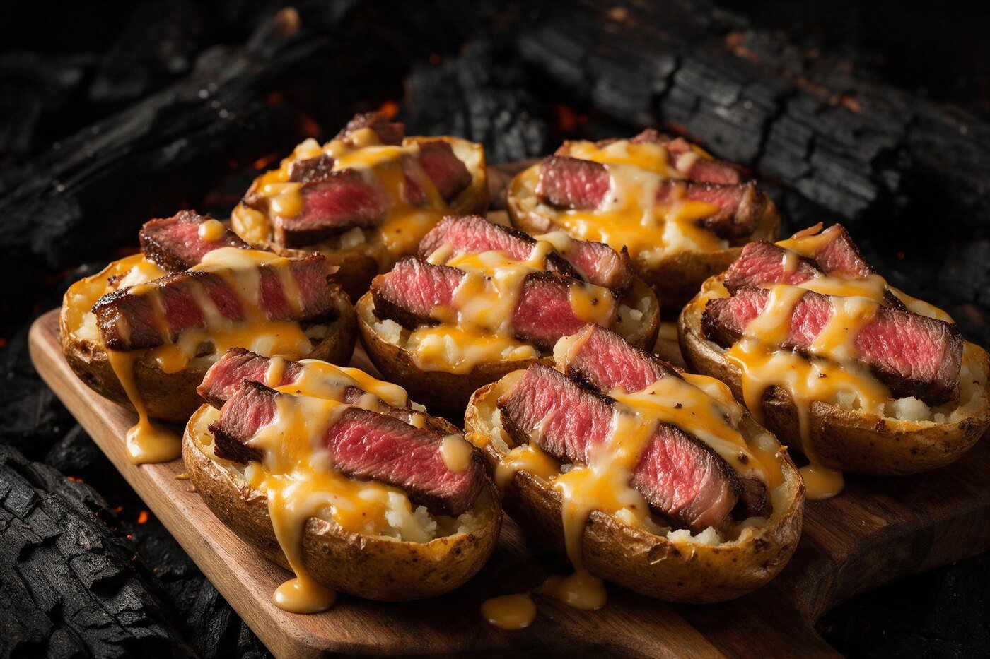 Cáscaras de papa con ribeye y salsa de quesos ahumados
