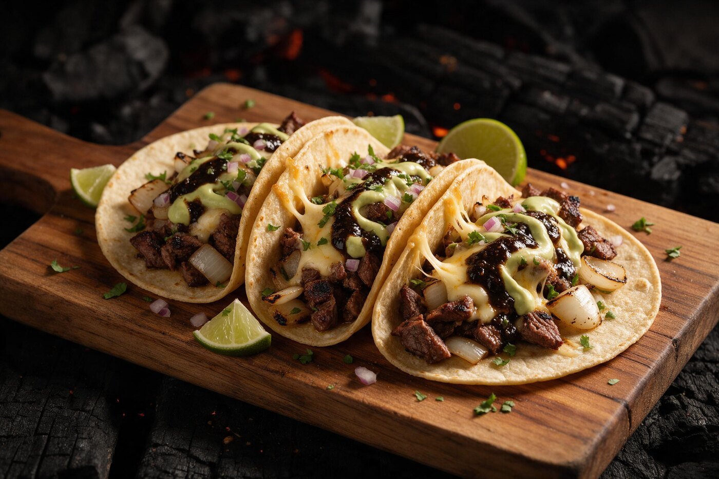 Taco de carne asada con cebollas asadas, salsa negra de habanero y cremoso de aguacate